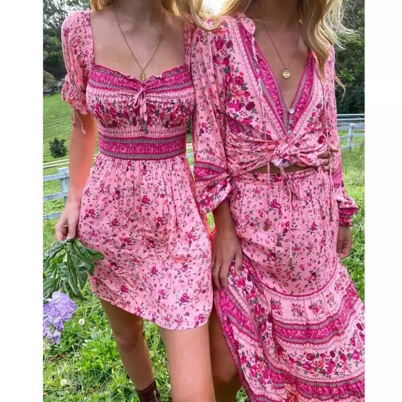 Pink Floral Gypsy Bohemian Button Long Sleeve Top - Picture 5 of 11